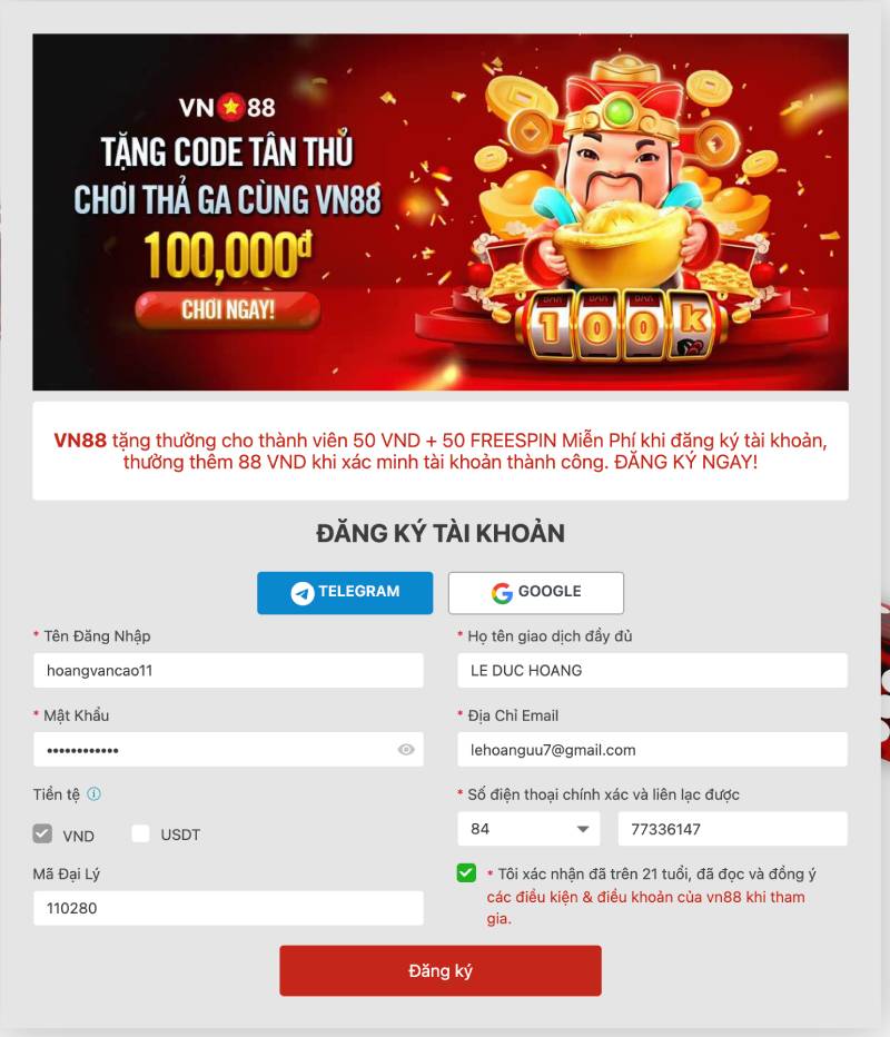 VN88 abra - link vào VN88 thương hiệu nhà cái casino số #1 châu Á 13 Điền các thông tin cá nhân theo yêu cầu.